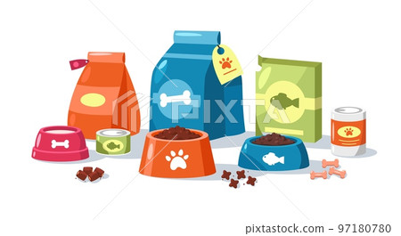 Pet feed packaging. Cartoon food for cats and dogs with toys grooming accessories, domestic animals feeding veterinary care concept. Vector illustration Pet feed packaging. Cartoon food for cats and dogs with toys grooming accessories, domestic animals feeding veterinary care concept. Vector illustration 97180780