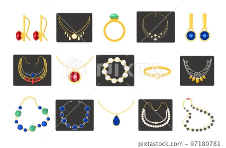 Jewellery accessories. Woman fashion gold silver necklace bracelet ring with luxury gemstone, expensive glamour decoration cartoon style. Vector set 97180781