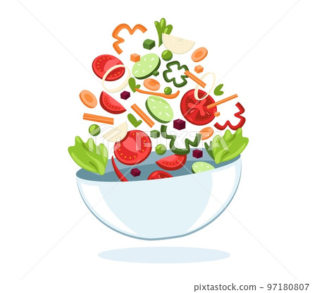 Bowl with flying vegetables. Fresh healthy meal with organic salad vegetarian food, cartoon flat organic ingredients mixed cooking dish. Vector illustration Bowl with flying vegetables. Fresh healthy meal with organic salad vegetarian food, cartoon flat organic ingredients mixed cooking dish. Vector illustration 97180807