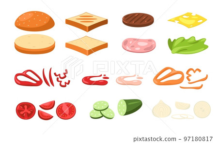 Sandwich ingredients. Cartoon healthy toast with chopped organic vegetables, fast food with sliced veggies cheese tomato lettuce sauce. Vector set Sandwich ingredients. Cartoon healthy toast with chopped organic vegetables, fast food with sliced veggies cheese tomato lettuce sauce. Vector set 97180817