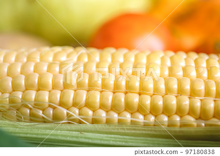 Natural background, fresh corn closeup, macro shot. Natural background, fresh corn closeup, macro shot. 97180838