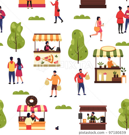 Seasonal outdoor market. Seamless pattern of street stall with vendors selling goods, food festival backdrop for wrapping textile print. Vector texture Seasonal outdoor market. Seamless pattern of street stall with vendors selling goods, food festival backdrop for wrapping textile print. Vector texture 97180839