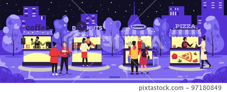 Night street market. Cartoon scenery of local festival with grocery stall fruit booth vegetable kiosk, salesman farmers and buyers characters. Vector illustration 97180849