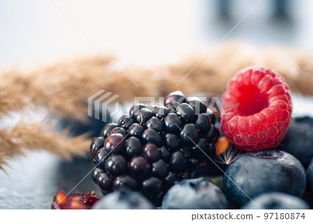 Natural background with different wild berries, macro shot. Natural background with different wild berries, macro shot. 97180874