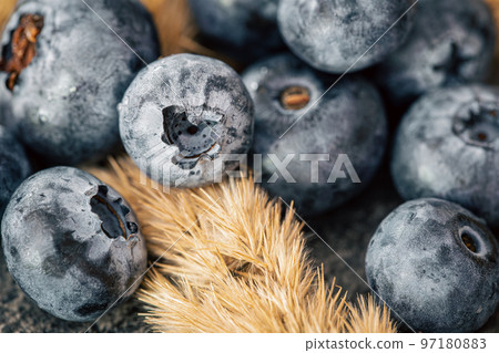 Natural vintage background with blueberries, macro shot. 97180883