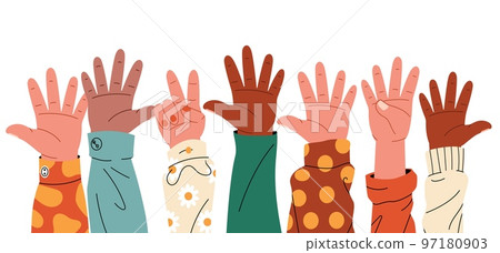 Raised hands. Cartoon human palms with different gestures, group of diverse people arms rising together volunteer community concept. Vector flat banner 97180903