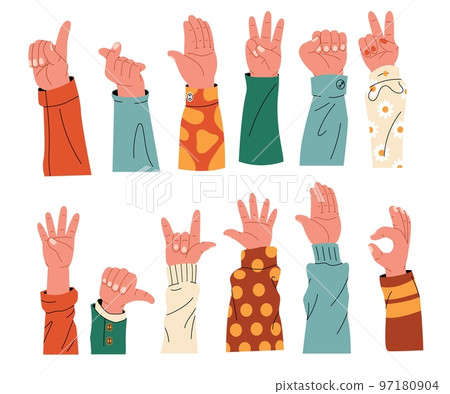 Hands with sleeves collection. Human arms in colorful clothes cartoon flat style, demonstrative gestures teamwork charity education concept. Vector set Hands with sleeves collection. Human arms in colorful clothes cartoon flat style, demonstrative gestures teamwork charity education concept. Vector set 97180904