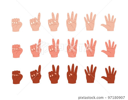 Hands count. Cartoon multiracial human palm gestures showing numbers by fingers, math study sign language concept flat style, Vector isolated set 97180907