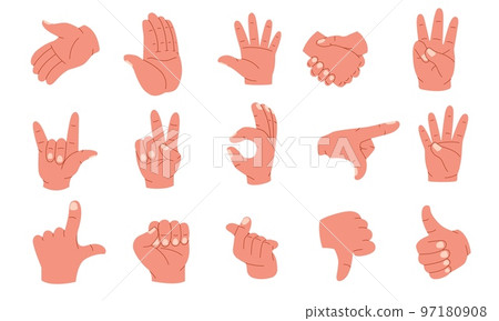Hand gestures. Human palms and wrist showing emotions and signs, arm poses pointing fingers forefinger thumb up sign language icons. Vector cartoon set 97180908