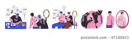 Tattoo artist at work. Cartoon professional ink master character drawing with needle machine, tattooist with equipment and client in salon. Vector set Tattoo artist at work. Cartoon professional ink master character drawing with needle machine, tattooist with equipment and client in salon. Vector set 97180923