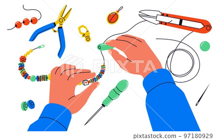 Jewelry workshop. Colorful beading spare parts bracelets necklace with tools, cartoon handmade decoration elements DIY handcraft concept. Vector set Jewelry workshop. Colorful beading spare parts bracelets necklace with tools, cartoon handmade decoration elements DIY handcraft concept. Vector set 97180929