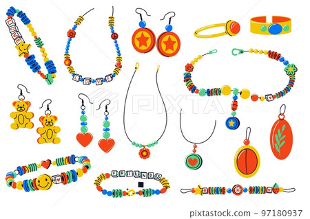 Cartoon jewelry collection. Doodle necklace locket ring bracelet pendant earrings flat style, precious bijouterie accessory elements. Vector isolated set Cartoon jewelry collection. Doodle necklace locket ring bracelet pendant earrings flat style, precious bijouterie accessory elements. Vector isolated set 97180937