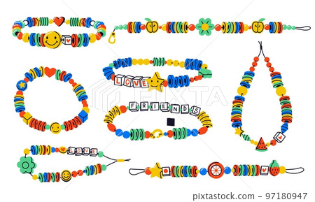 Doodle beads. Cartoon colorful child bracelet elements, old school kid handmade accessories flat design crafting activity concept. Vector isolated set Doodle beads. Cartoon colorful child bracelet elements, old school kid handmade accessories flat design crafting activity concept. Vector isolated set 97180947