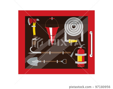 Fire cabinet. Emergency box with rescue protection firefighter equipment, hose extinguisher water hydrant pipe cartoon flat style. Vector isolated set 97180956