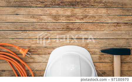 Set of repair tools on wooden background, flat lay. Set of repair tools on wooden background, flat lay. 97180970