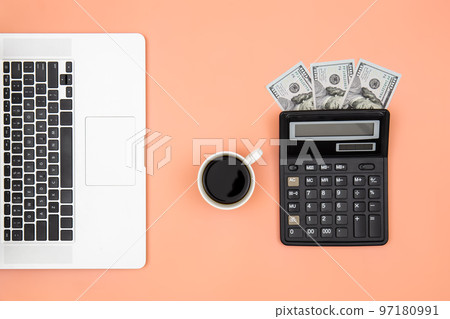 Calculator, laptop, cup of coffee and dollar bills on colored background, flat lay. Calculator, laptop, cup of coffee and dollar bills on colored background, flat lay. 97180991