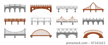 Bridge collection. Railway span iron wooden metal concrete stone footbridge, city industrial architectural construction cartoon flat style. Vector isolated set 97181021