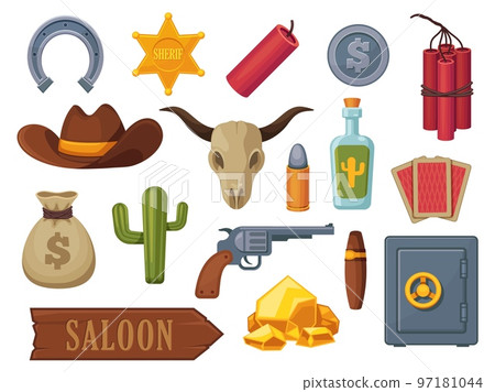 Cartoon wild west icons. Cowboy cactus rodeo saddle lasso guitar snake tequila horseshoe flat style, flat western elements. Vector colorful set Cartoon wild west icons. Cowboy cactus rodeo saddle lasso guitar snake tequila horseshoe flat style, flat western elements. Vector colorful set 97181044
