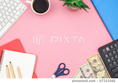 Flat lay, workplace on a pink background, minimalism. Flat lay, workplace on a pink background, minimalism. 97181088