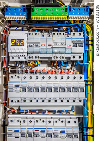 Voltage distributor with automatic switches. Electrical background. 97181108
