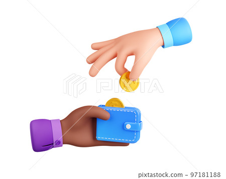 Render white hand put coin to wallet in black hand Render white hand put coin to wallet in black hand 97181188