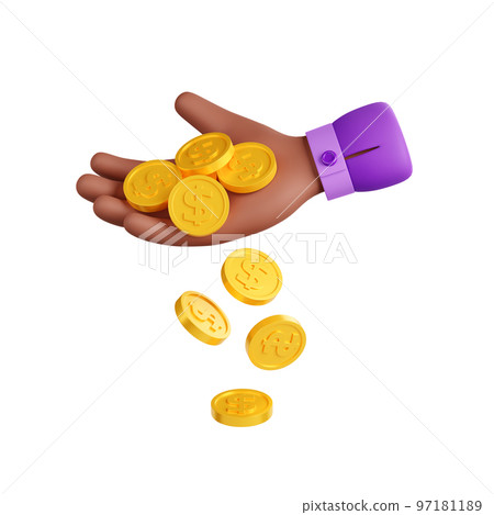 Gold coins falling from pile of money in man hand Gold coins falling from pile of money in man hand 97181189