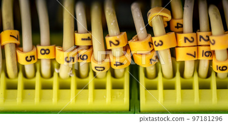 Close up circuit breakers and wire in control panel. Close up circuit breakers and wire in control panel. 97181296