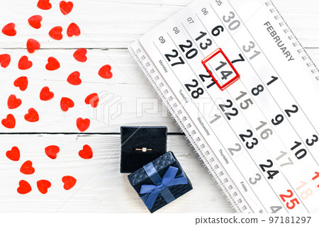 Valentine's Day background, date February 14 on calendar, flat lay, top view. Valentine's Day background, date February 14 on calendar, flat lay, top view. 97181297