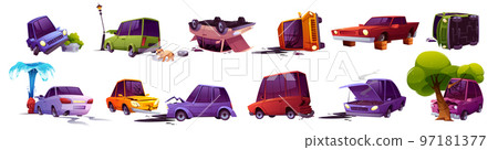 Road accident isolated set, broken cars, insurance Road accident isolated set, broken cars, insurance 97181377
