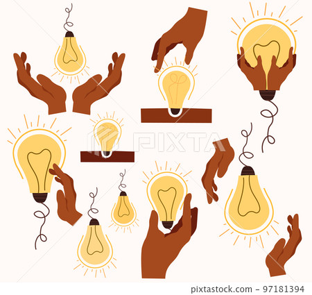 A light bulb as a symbol of creating a brilliant business idea, finding solutions, understanding. Light bulb in human hands. Can be used as a logo. Vector illustration. 97181394