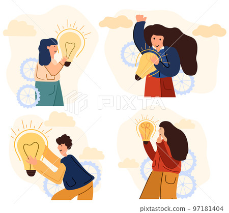 A man and a woman is looking for a solution to a problem, holding a light bulb in her hand as a symbol of brilliant ideas and achieving their goals.The concept of business,finding ideas, understanding A man and a woman is looking for a solution to a problem, holding a light bulb in her hand as a symbol of brilliant ideas and achieving their goals.The concept of business,finding ideas, understanding 97181404