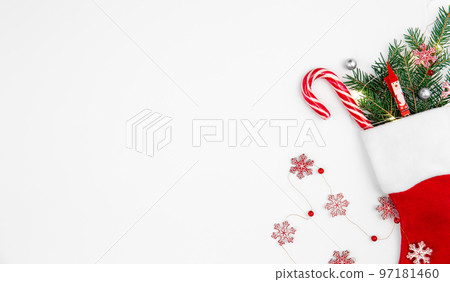 Christmas sock with decorative details on white background, copy space. 97181460