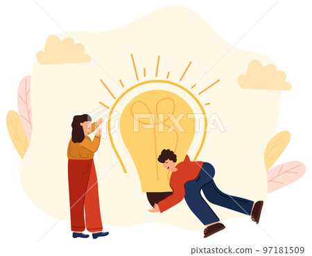 A man in search of a brilliant idea, holding a light bulb. Teamwork with a light bulb. The concept of business, finding ideas, a light bulb as a symbol of solving problems. Vector illustration 97181509