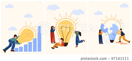 Joint work in search of new business ideas. People put together a light bulb puzzle. A light bulb as a symbol of starting your business and achieving your goals. Business concept. Vector  97181511