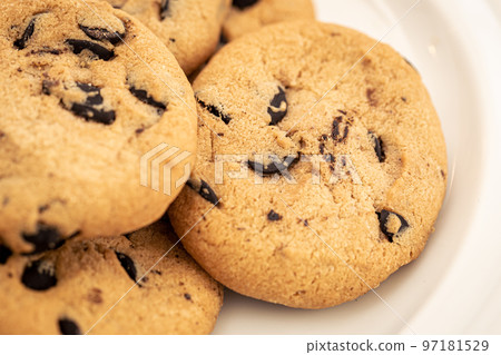Cookies with chocolate chips close-up, food background. 97181529