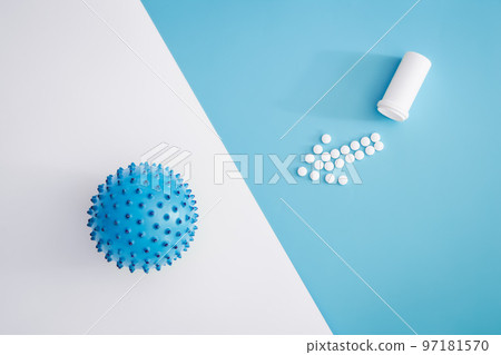 Flat lay, virus ball, disease and infection concept. Flat lay, virus ball, disease and infection concept. 97181570
