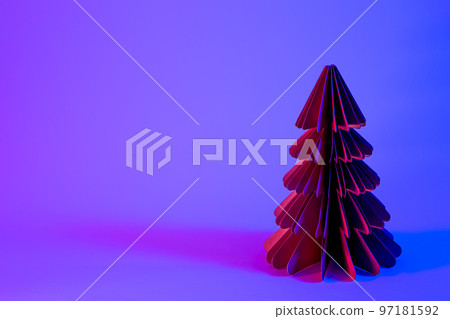 Decorative paper Christmas tree on blue background with trendy neon light. Decorative paper Christmas tree on blue background with trendy neon light. 97181592