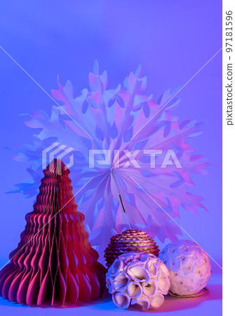 Decorative paper Christmas trees on blue background with trendy neon light. Decorative paper Christmas trees on blue background with trendy neon light. 97181596