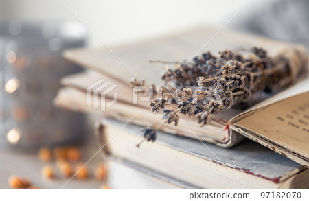 Cozy home composition with a stack of books on a blurred background. Cozy home composition with a stack of books on a blurred background. 97182070