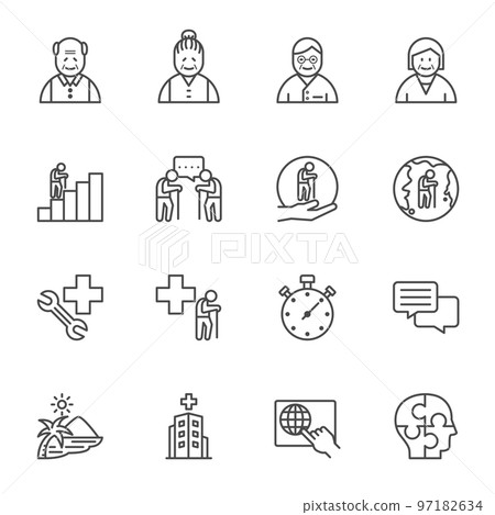 Seniors Thin Line Icons, Aging society concept, Vector line icon set 97182634