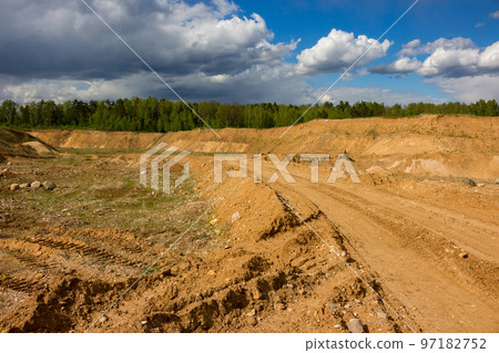 Landscape overlooking a sand quarry, sandpit Landscape overlooking a sand quarry, sandpit 97182752