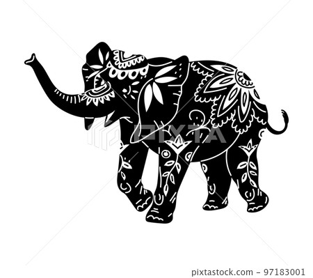 Silhouette of decorated elephant, vector illustration isolated on white background. 97183001