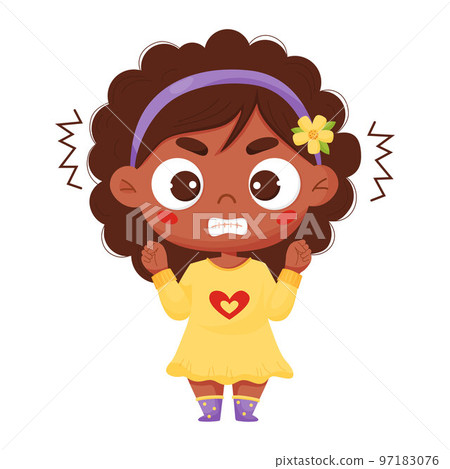 Angry disgruntled black girl.   emotion. Vector illustration in cartoon style.  97183076