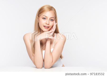 Beautiful young asian woman with clean fresh skin on white background, Face care, Facial treatment, Cosmetology, beauty and spa, Asian women portrait. 97183532