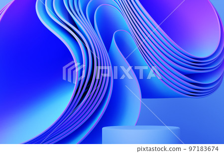 Neon, blue and pink podium background with abstract wavy cloth, folded fabric 97183674