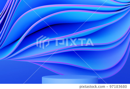 Neon, blue and pink podium background with abstract wavy cloth, folded fabric 97183680