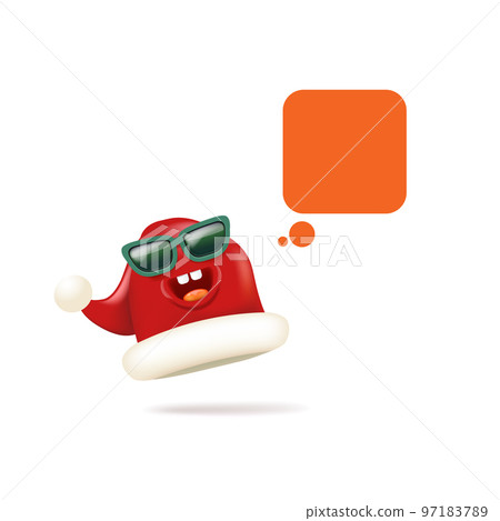 Vector cartoon monster Santa Claus red hat character with sunglasses and speech bubble isolated on white background. Merry Christmas greeting card, poster and banner with funny Santa Claus hat 97183789