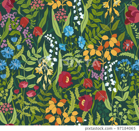 Wildflowers on dark green background seamless pattern. Vector illustration. 97184065