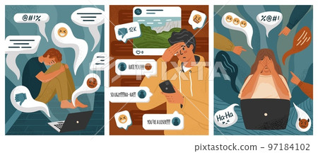 Cyberbullying in social media concept vector set. Online abuse and cyber harassment. Upset teen girl crying in front of computer. Online haters, hate speech, negative emoji 97184102