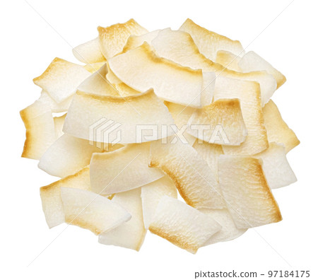 Pile of dry coconut flakes isolated on white background 97184175